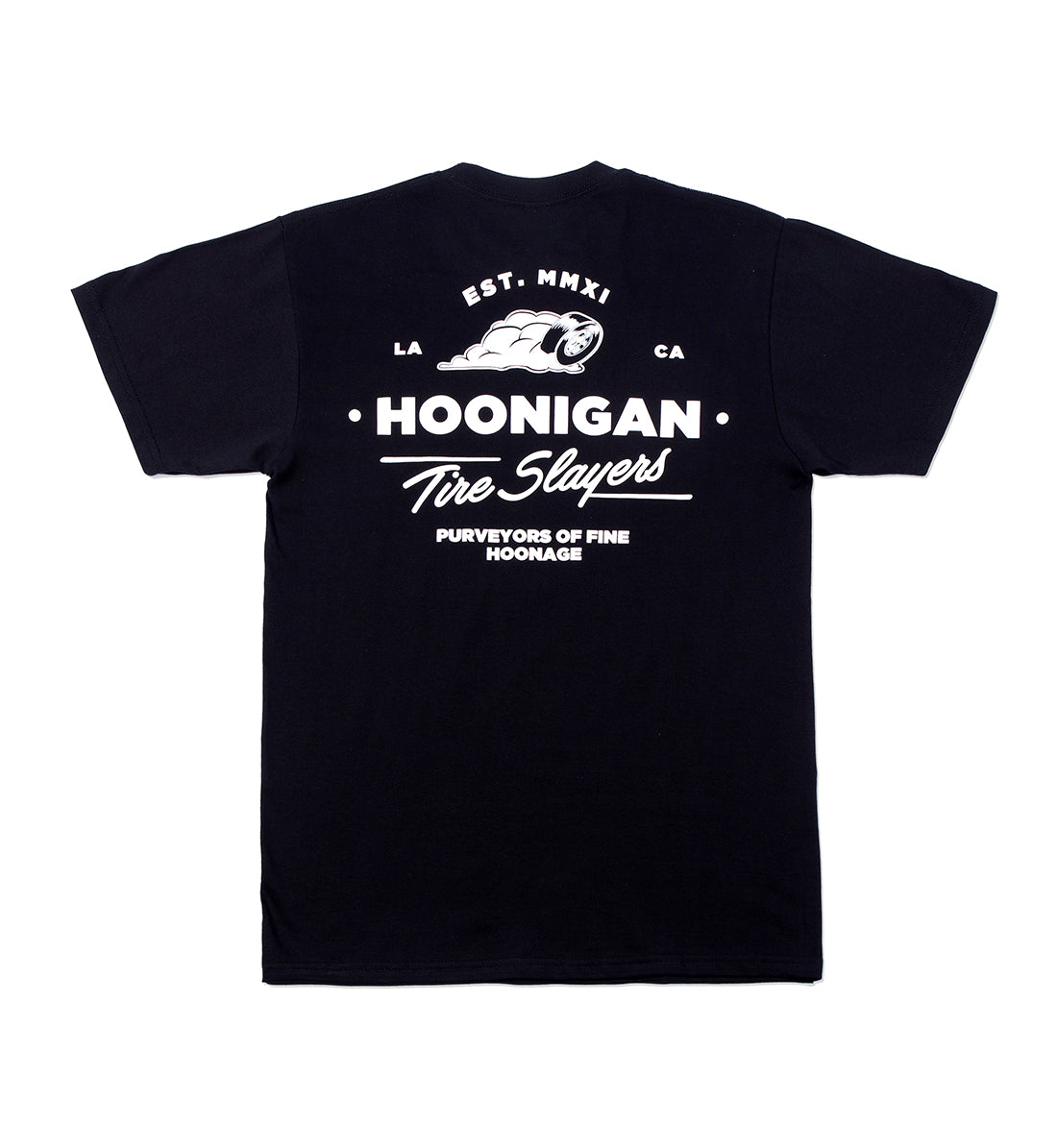 Hoonigan CHEATER SLICKS Black Short Sleeve Tee featuring a bold graphic design on the back.