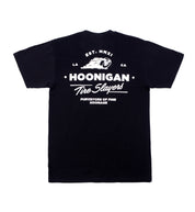 Hoonigan CHEATER SLICKS Black Short Sleeve Tee featuring a bold graphic design on the back.
