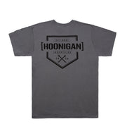 Hoonigan Bracket X Logo Short Sleeve Tee in charcoal black, featuring a bold graphic logo on the back.