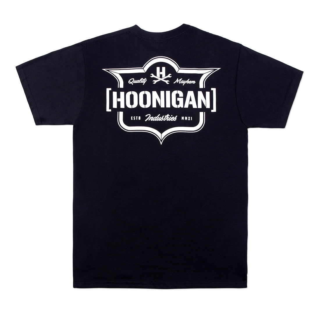 Hoonigan EMBLEM Black Short Sleeve Tee featuring a bold logo print on the back.