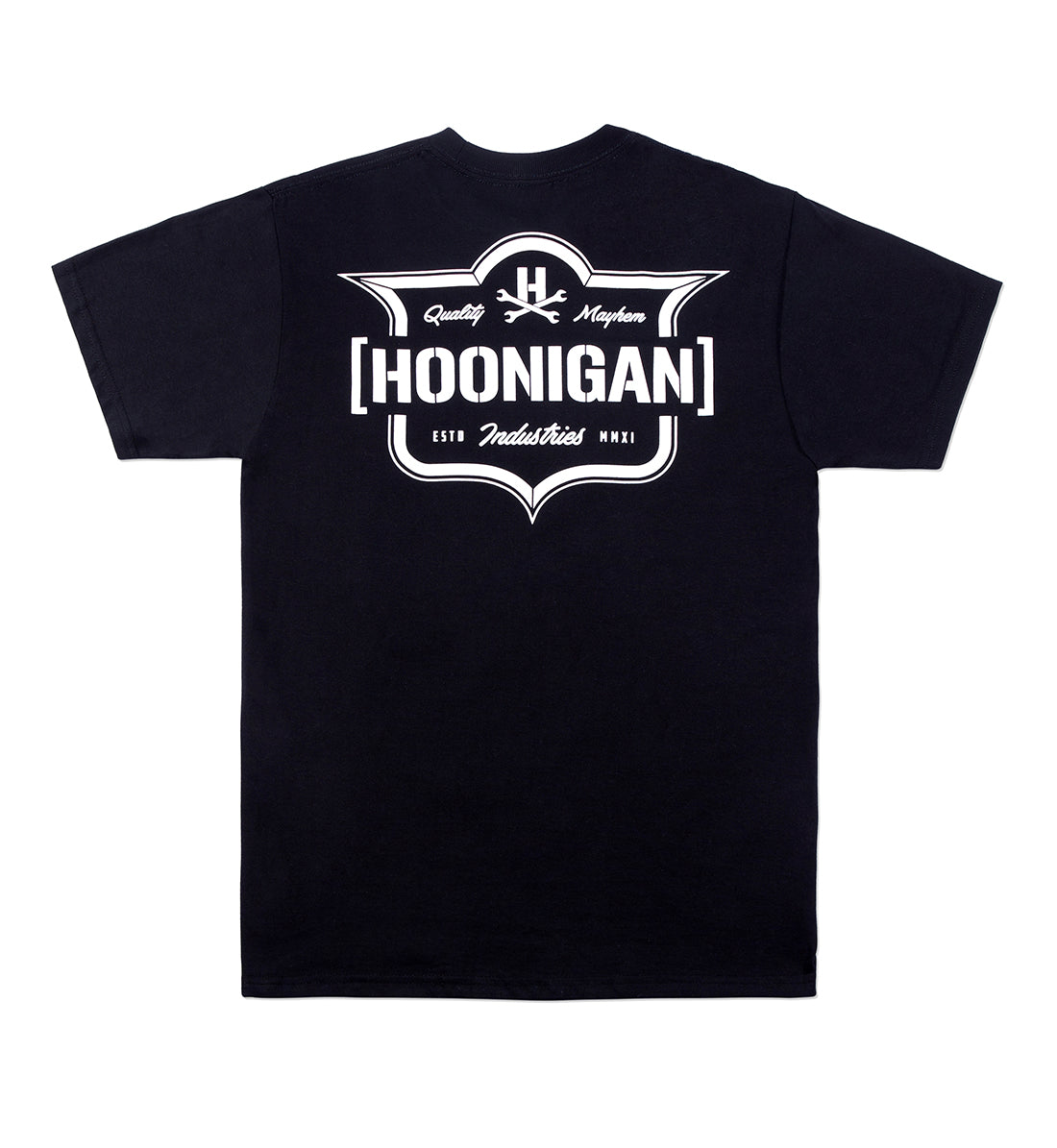Hoonigan EMBLEM Black Short Sleeve Tee featuring a bold logo print on the back.