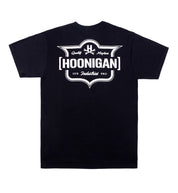 Hoonigan EMBLEM Black Short Sleeve Tee featuring a bold logo print on the back.