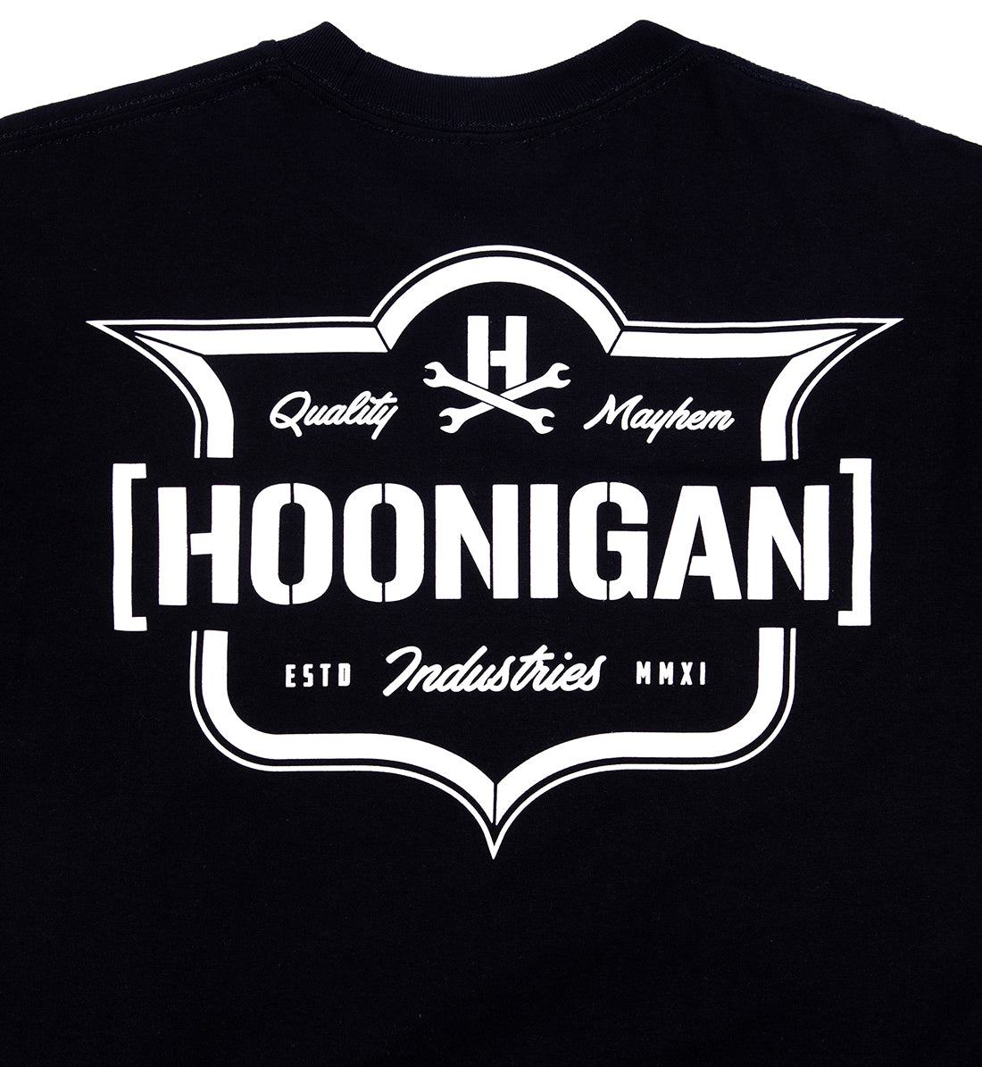 Black Hoonigan EMBLEM short sleeve tee featuring a large logo design on the back, ideal for motorsport enthusiasts.