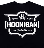 Black Hoonigan EMBLEM short sleeve tee featuring a large logo design on the back, ideal for motorsport enthusiasts.