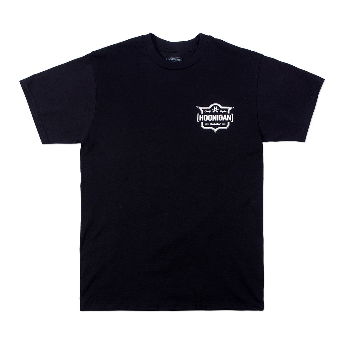 Black Hoonigan EMBLEM short sleeve tee featuring a bold white logo printed on the front.