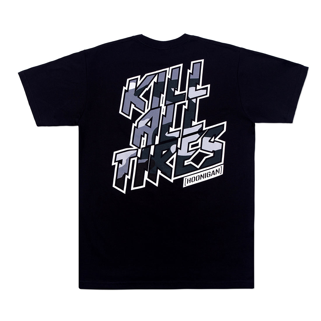 Hoonigan KILL ALL TIRES CAMO Short Sleeve Tee in black with camouflage design on the back.