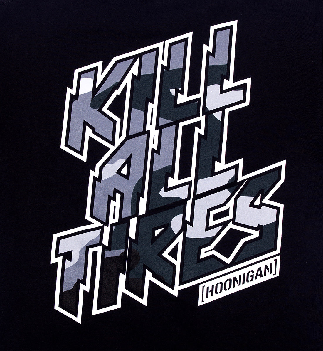 Hoonigan KILL ALL TIRES CAMO Short Sleeve Tee featuring a black camouflage design and back logo detail.