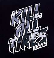 Hoonigan KILL ALL TIRES CAMO Short Sleeve Tee featuring a black camouflage design and back logo detail.