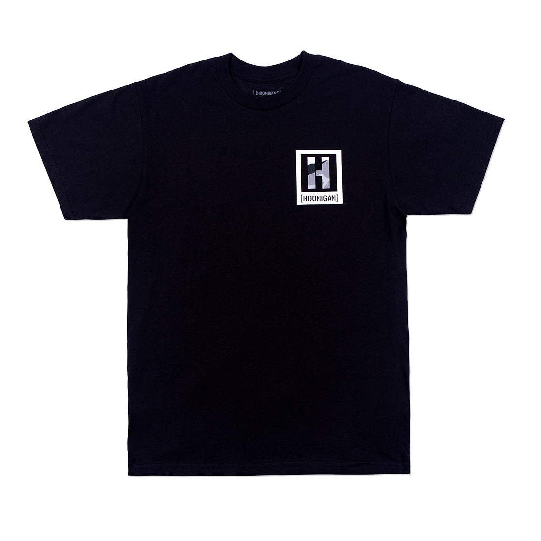 Hoonigan KILL ALL TIRES CAMO short sleeve tee in black featuring a camouflage print and bold logo on the front.