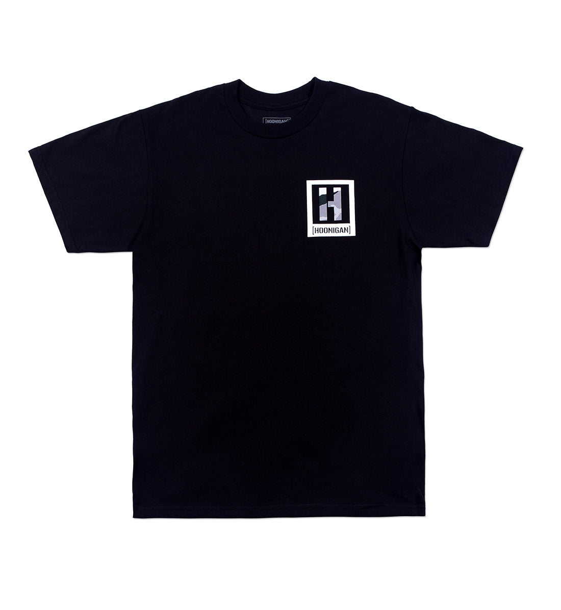 Hoonigan KILL ALL TIRES CAMO short sleeve tee in black featuring a camouflage print and bold logo on the front.