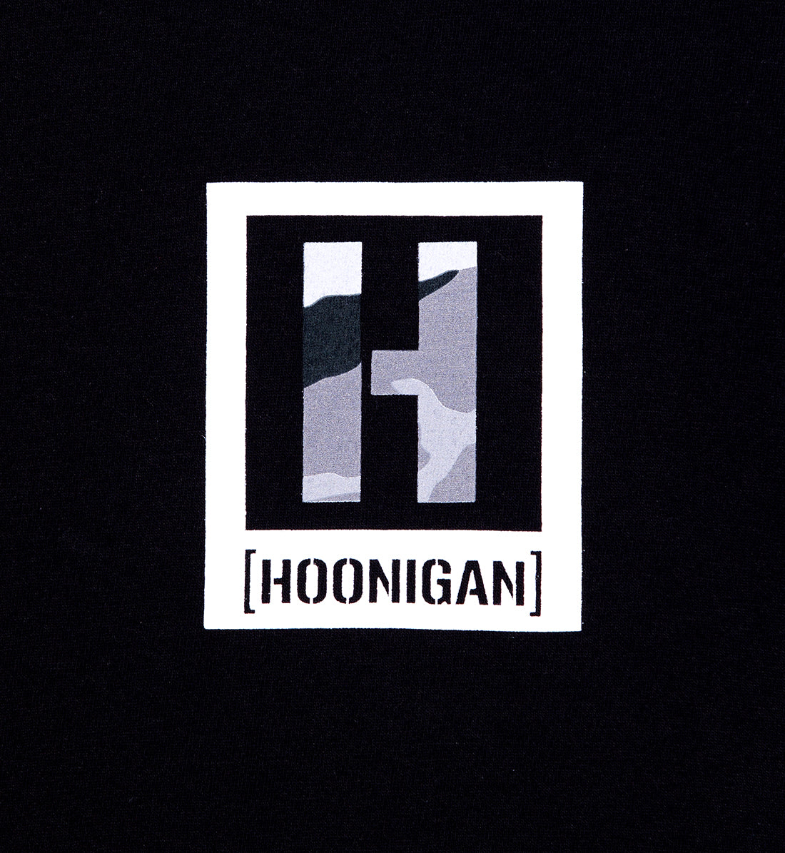 Hoonigan KILL ALL TIRES CAMO Short Sleeve Tee in black, featuring a camouflage design and bold graphic text on the front.
