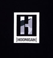 Hoonigan KILL ALL TIRES CAMO Short Sleeve Tee in black, featuring a camouflage design and bold graphic text on the front.
