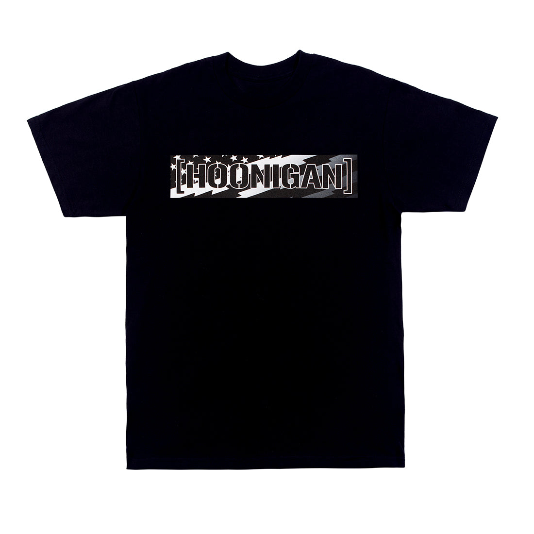 Hoonigan STARS & STRIPES CENSOR BAR Short Sleeve Tee in black with bold graphic design featuring stars and stripes on the front.
