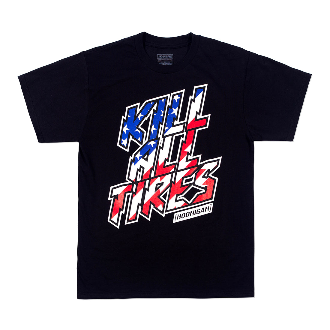 Hoonigan KILL ALL TIRES short sleeve tee featuring stars and stripes design, black fabric, front view.