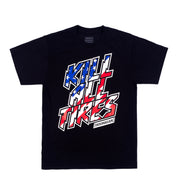 Hoonigan KILL ALL TIRES short sleeve tee featuring stars and stripes design, black fabric, front view.