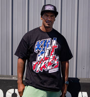 Black short sleeve tee featuring the Hoonigan "KILL ALL TIRES" graphic with stars and stripes design on the front.