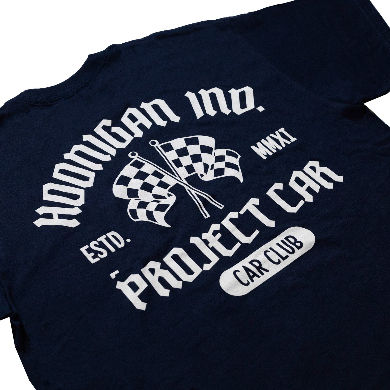 Hoonigan PCCC short sleeve navy tee featuring a bold graphic design on the front.