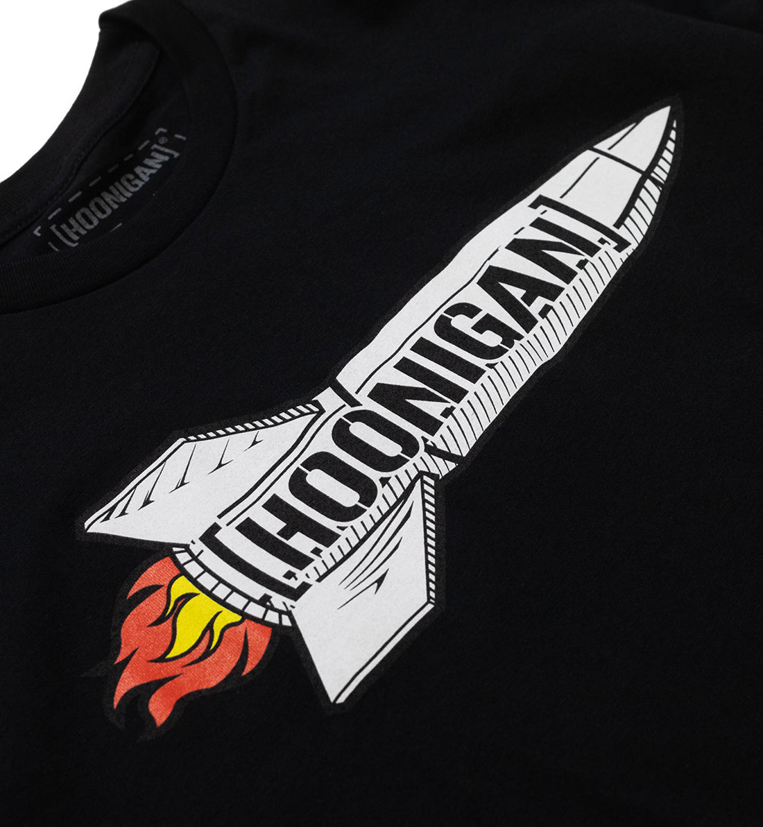Hoonigan ROCKET Short Sleeve Tee featuring a bold graphic design and vibrant colors on a black background.