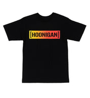 Black Hoonigan SHIFT CENSOR BAR short sleeve t-shirt displayed on a white background, featuring a bold graphic design on the front.