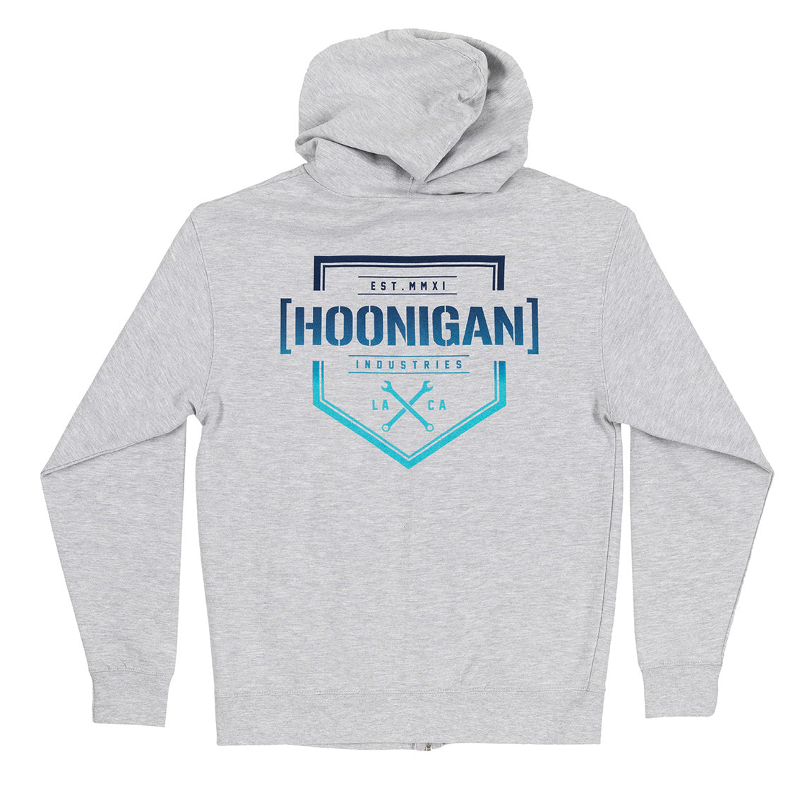 Hoonigan BRACKET X LOGO Zip Hoodie in black with gray logo on the chest, featuring a front zipper and side pockets.
