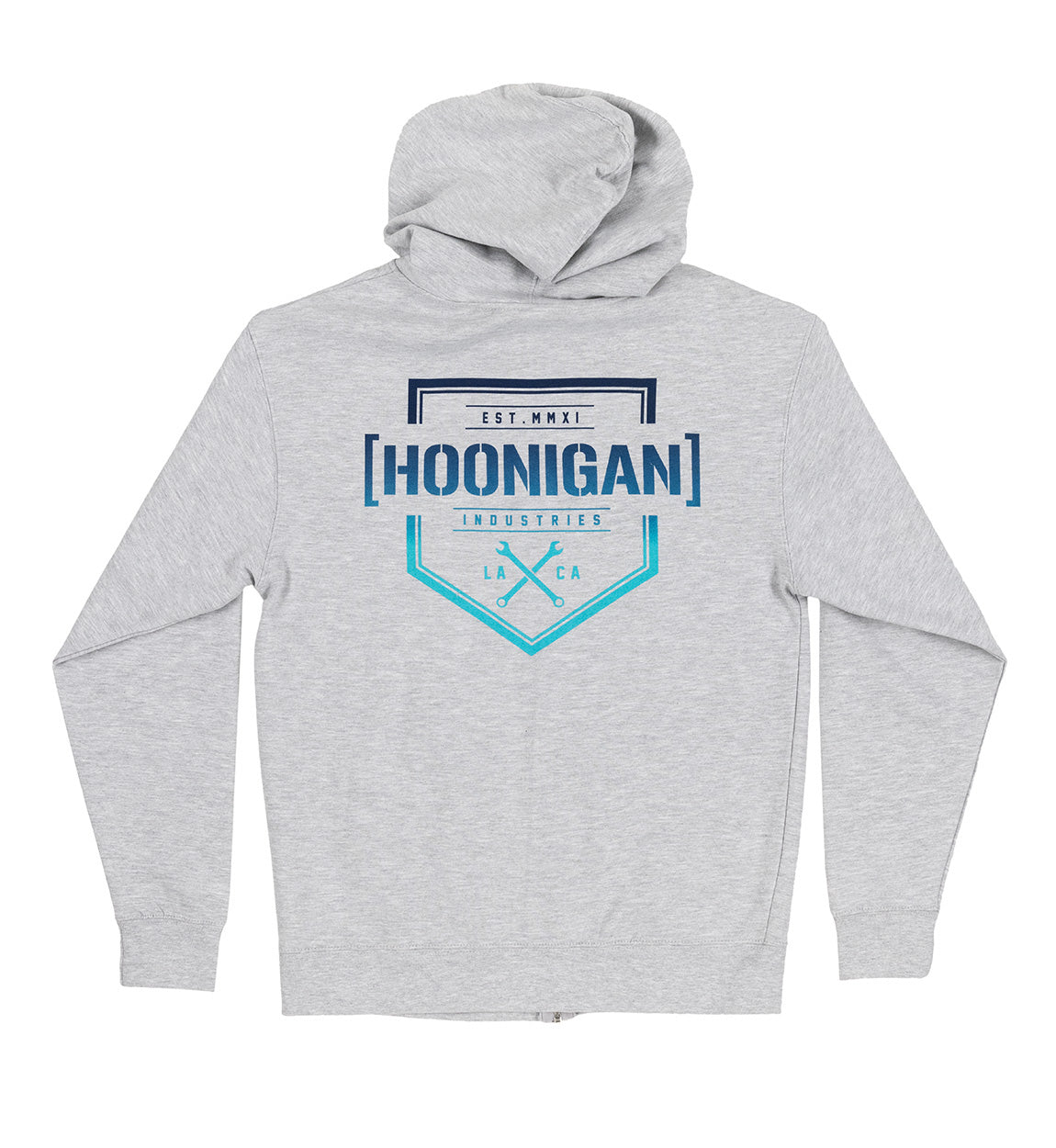 Hoonigan BRACKET X LOGO Zip Hoodie in black with gray logo on the chest, featuring a front zipper and side pockets.