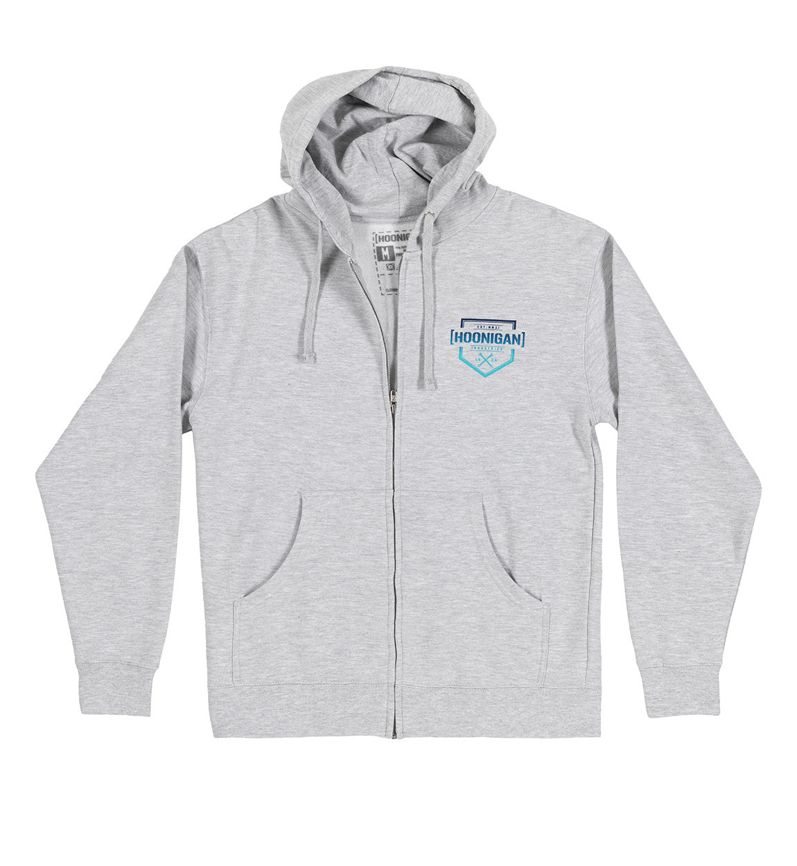Hoonigan BRACKET X LOGO black zip hoodie displayed on a white background, featuring the Hoonigan logo on the chest and a modern, sporty design.