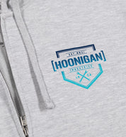 Black Hoonigan BRACKET X LOGO zip hoodie featuring a white logo on the chest and contrasting gray sleeves.
