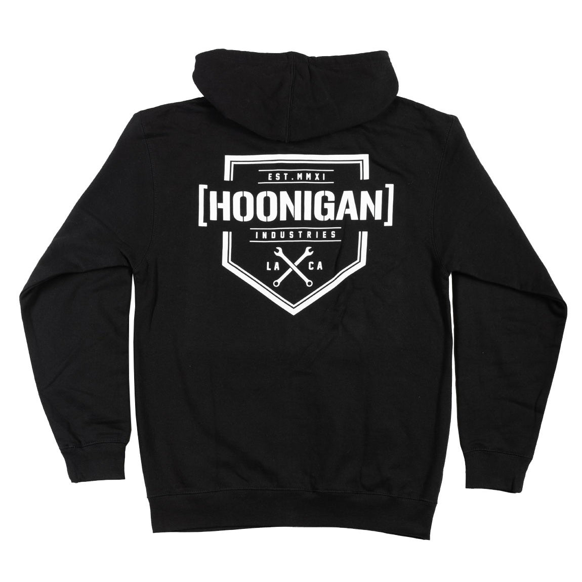 Hoonigan BRACKET X LOGO Zip Hoodie in black and white, featuring a prominent logo on the chest and a full zipper design.