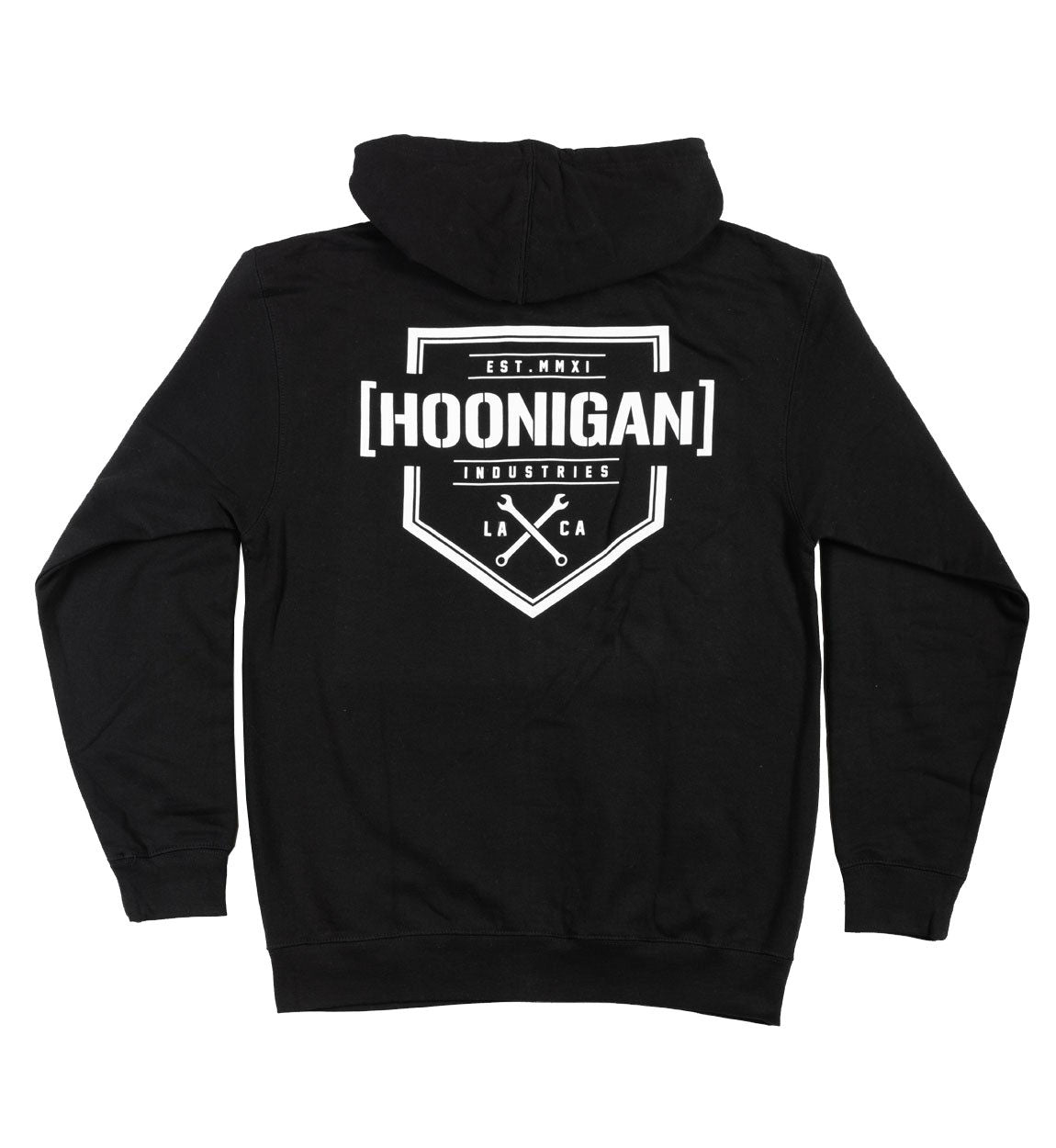 Hoonigan BRACKET X LOGO Zip Hoodie in black and white, featuring a prominent logo on the chest and a full zipper design.
