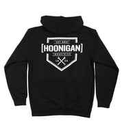 Hoonigan BRACKET X LOGO Zip Hoodie in black and white, featuring a prominent logo on the chest and a full zipper design.