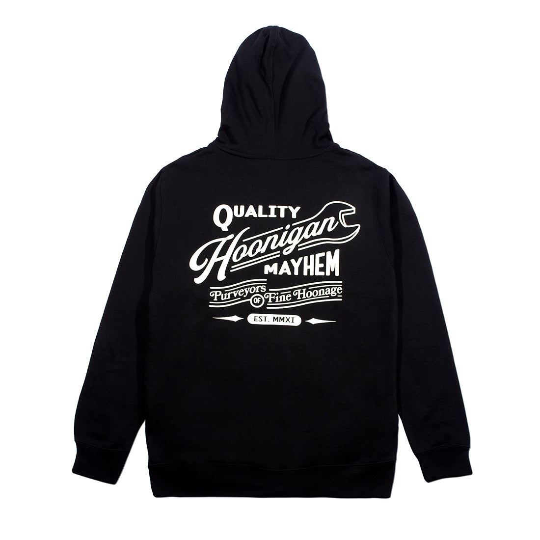 Black Hoonigan BACKDATE pullover hoodie featuring a large logo print on the back, showcasing a stylish and casual design.