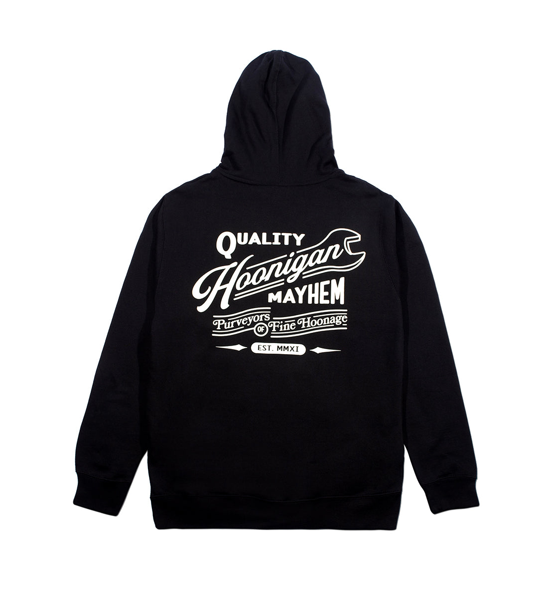 Black Hoonigan BACKDATE pullover hoodie featuring a large logo print on the back, showcasing a stylish and casual design.