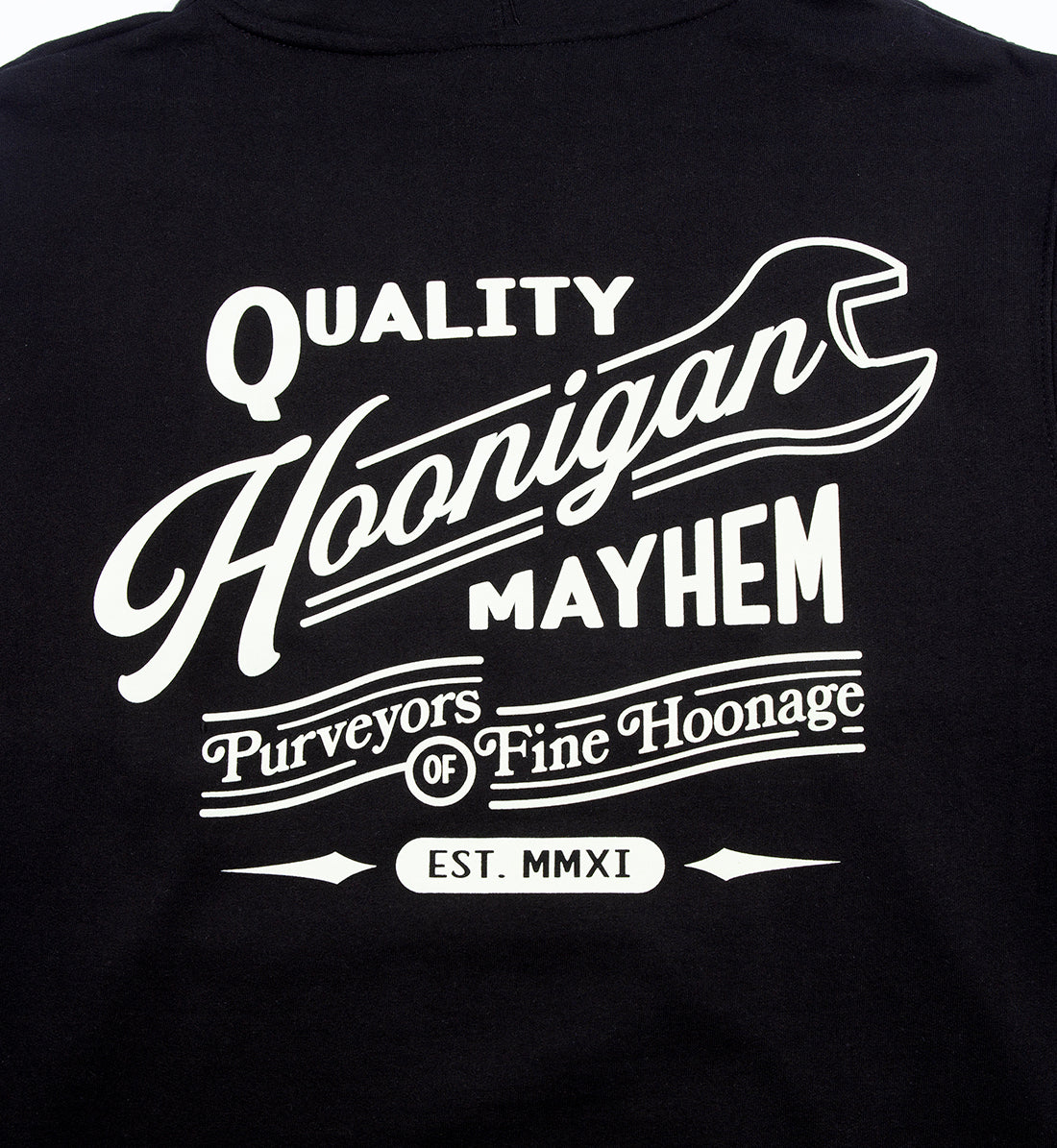 Hoonigan BACKDATE Pullover Hoodie featuring stylish back graphic design in black fabric.
