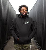 Hoonigan BACKDATE Pullover Hoodie in black, featuring a bold logo design on the front.