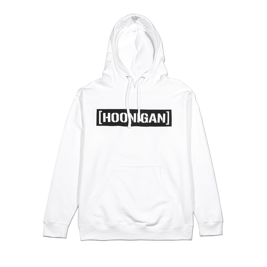 Hoonigan CENSOR BAR white pullover hoodie featuring a bold black graphic logo on the chest.