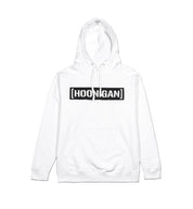 Hoonigan CENSOR BAR white pullover hoodie featuring a bold black graphic logo on the chest.
