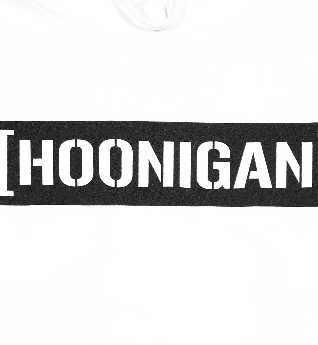 Hoonigan CENSOR BAR pullover hoodie in white, featuring a bold black graphic design on the front.