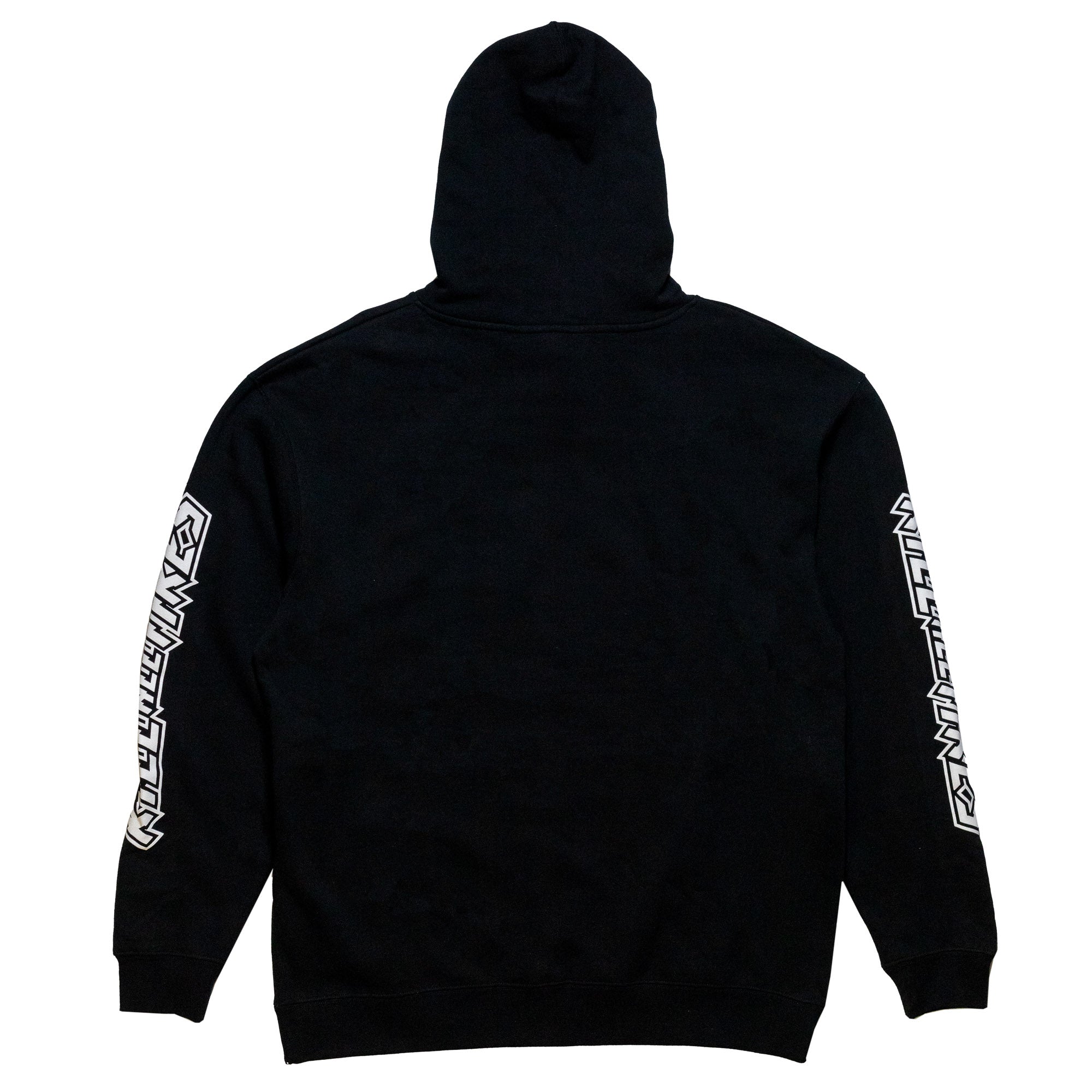 Back view of the Hoonigan CENSOR BAR KILL ALL TIRES V2 Hoodie featuring a black design and bold white branding on the sleeves.