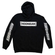 Black hoodie featuring a bold white "[HOONIGAN]" logo on the front and "KILL ALL TIRES" graphics on the sleeves.