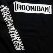 Black Hoonigan hoodie featuring bold white text "[HOONIGAN]" on the chest and "KILL ALL TIRES" down the sleeve.