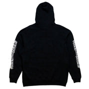 Back view of the Hoonigan CENSOR BAR KILL ALL TIRES pullover hoodie featuring bold white graphics on the sleeves.