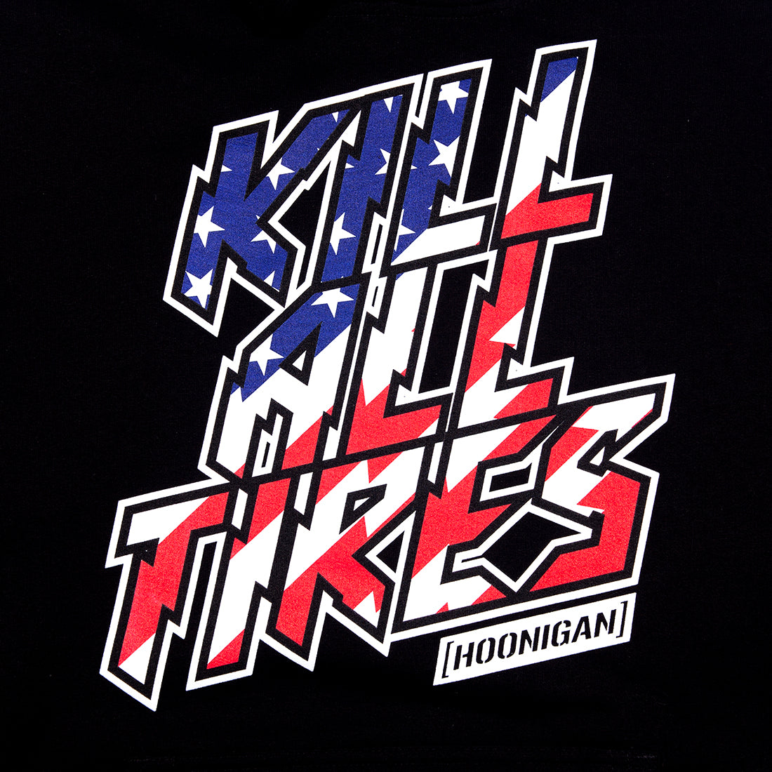 Hoonigan KILL ALL TIRES Short Sleeve Tee featuring a bold stars and stripes design on a black background.