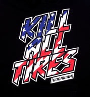 Hoonigan KILL ALL TIRES Short Sleeve Tee featuring a bold stars and stripes design on a black background.
