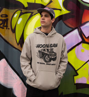 Hoonigan RIDONKULOUS pullover hoodie in black with bold white graphic text on the front, displayed in a lifestyle setting.