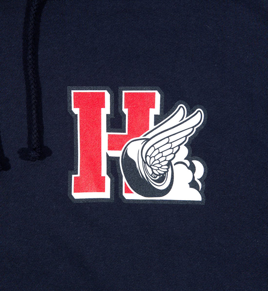 Hoonigan DROP OUT Pullover Hoodie in navy blue with front detail, featuring logo graphic and drawstring hood.