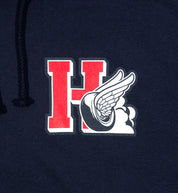 Hoonigan DROP OUT Pullover Hoodie in navy blue with front detail, featuring logo graphic and drawstring hood.