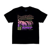 Hoonigan BUILT 2 SHRED Short Sleeve Tee featuring a bold graphic design on a black background.