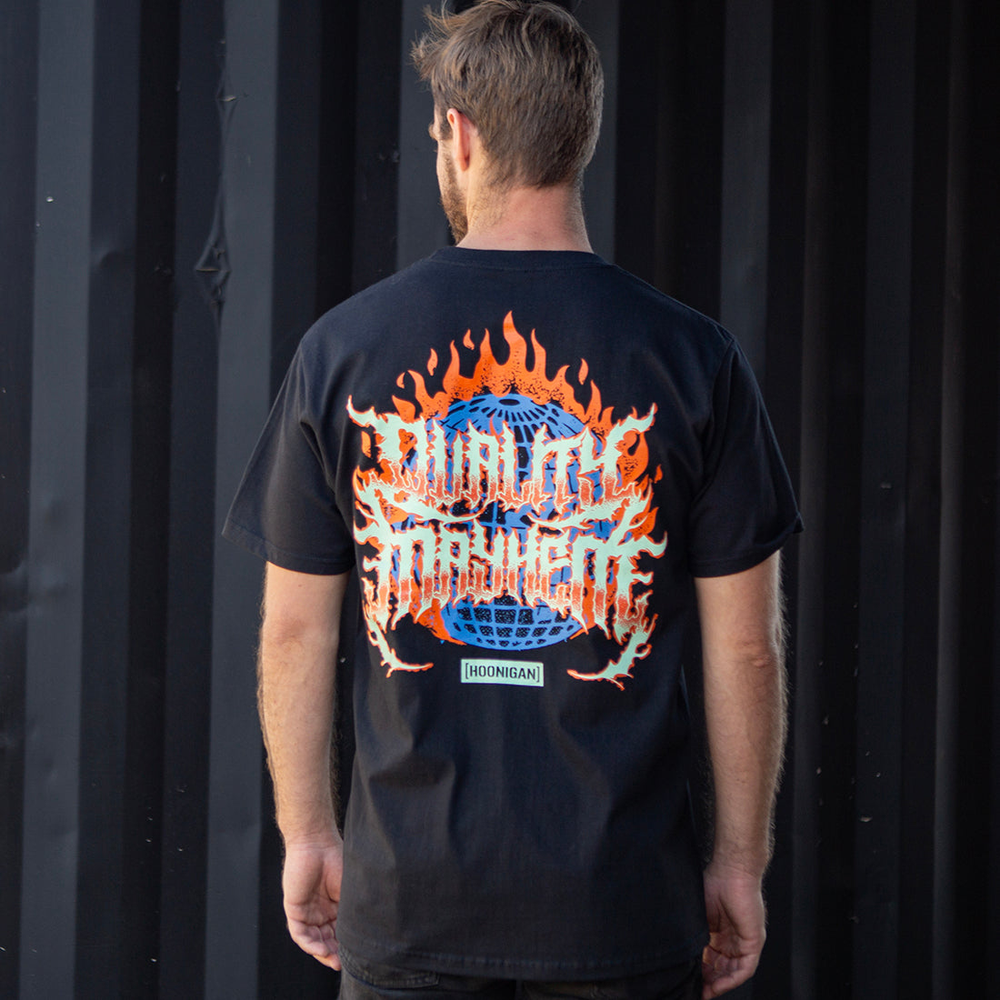 Black Hoonigan MAYHEM WORLDWIDE short sleeve tee featuring large graphic logo on back.