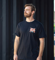 Hoonigan MAYHEM WORLDWIDE black short sleeve t-shirt featuring bold white graphics on the front.