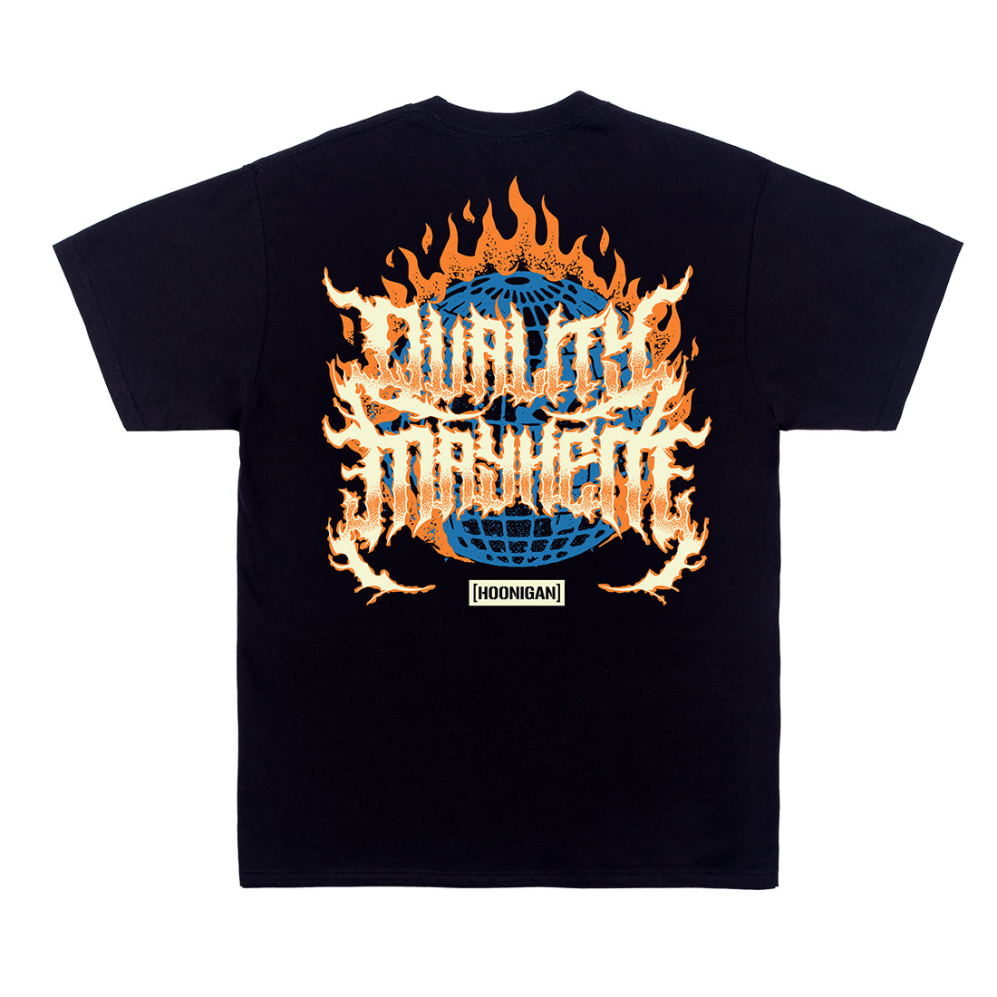 Hoonigan MAYHEM WORLDWIDE Short Sleeve Tee featuring a large graphic logo on the back.